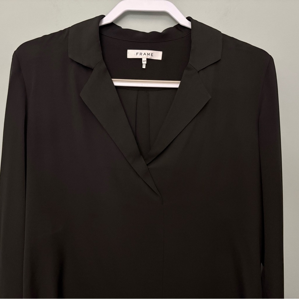 FRAME Black Silk Blouse Collared V Neck Popover Top Long Sleeve Small - Picture 3 of 11